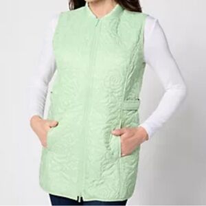 New Denim & Co. Active Quilted Bomber Collar Vest w/ pockets Fresh Sage Large
